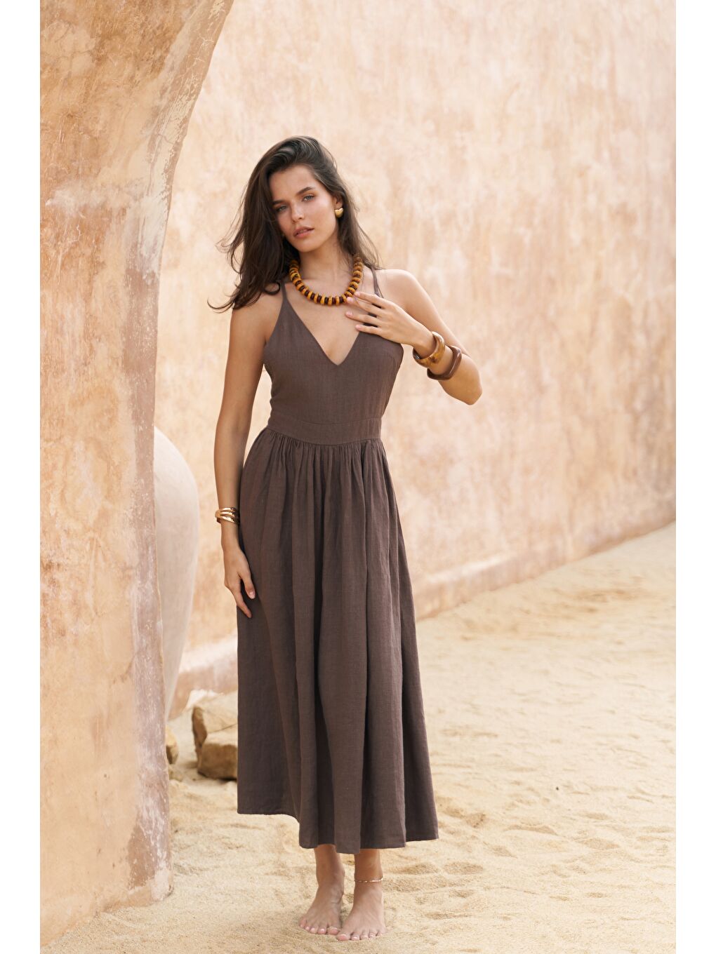 Kahverengi Eara Askılı Soft Kahve Uzun Keten Elbise-2