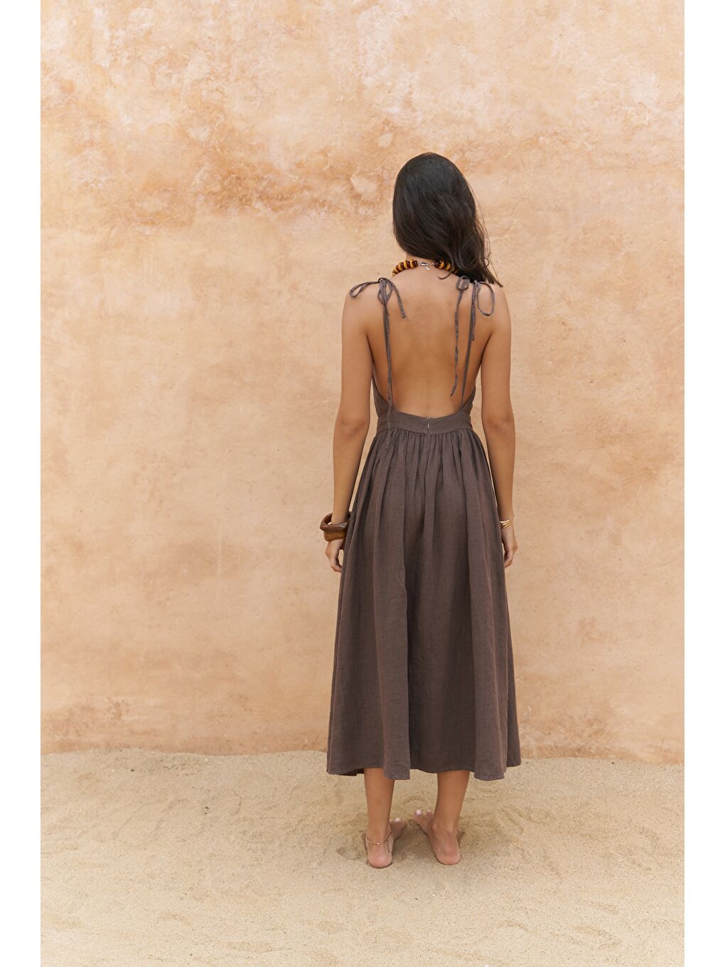 Kahverengi Eara Askılı Soft Kahve Uzun Keten Elbise-3