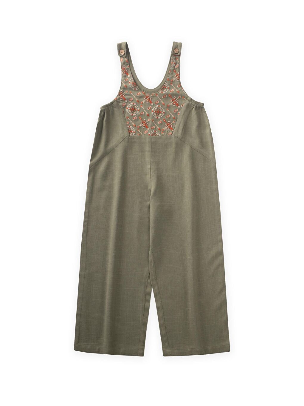 Haki Kız Çocuk Nakışlı Keten Salopet