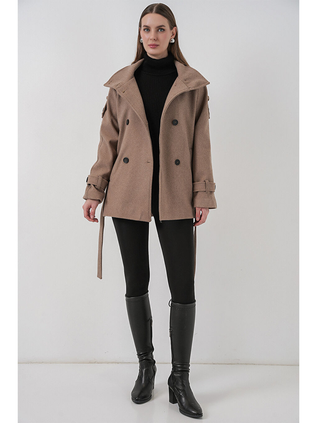 Bej Kadın Kuşaklı Kaşe Kaban 9162 - Taş-1