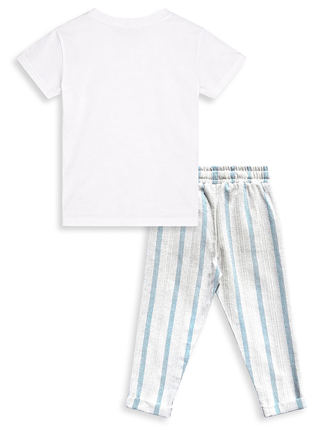 Ekru Erkek Çocuk Takım Yaz Pamuk T-Shirt Ve Çizgili Keten Görünümlü Yazlık Pantolon-4