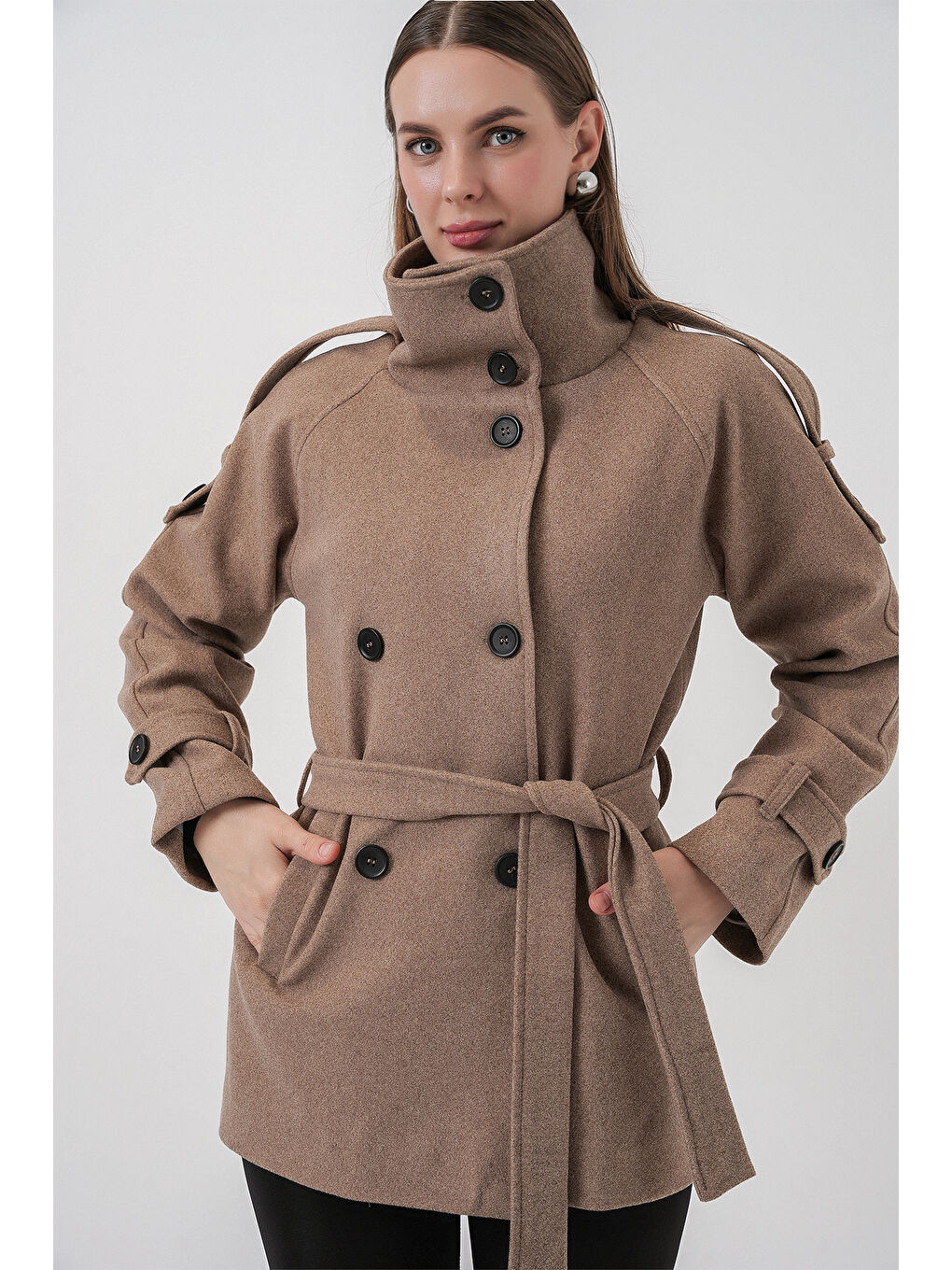 Bej Kadın Kuşaklı Kaşe Kaban 9162 - Taş-2