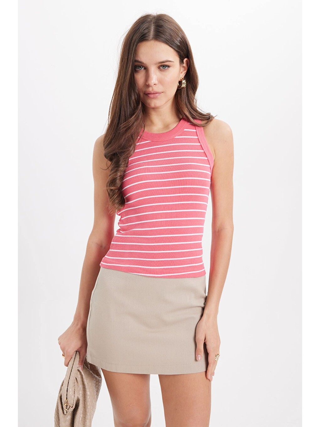 Kadın Slim Fit Dar Kesim Pamuklu Askılı Bisiklet Yaka Çizgili Pembe Crop Atlet-2