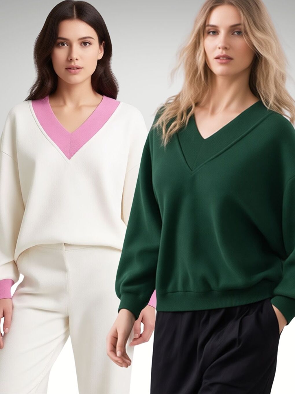 2Li Set Beyaz+Yeşil V Yaka Düz Oversize Sweatshirt