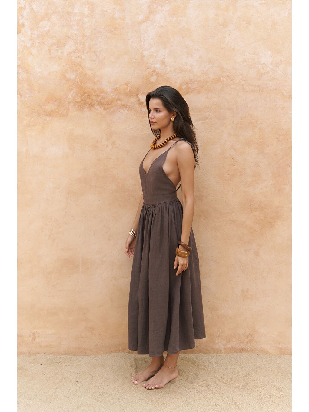 Kahverengi Eara Askılı Soft Kahve Uzun Keten Elbise-4