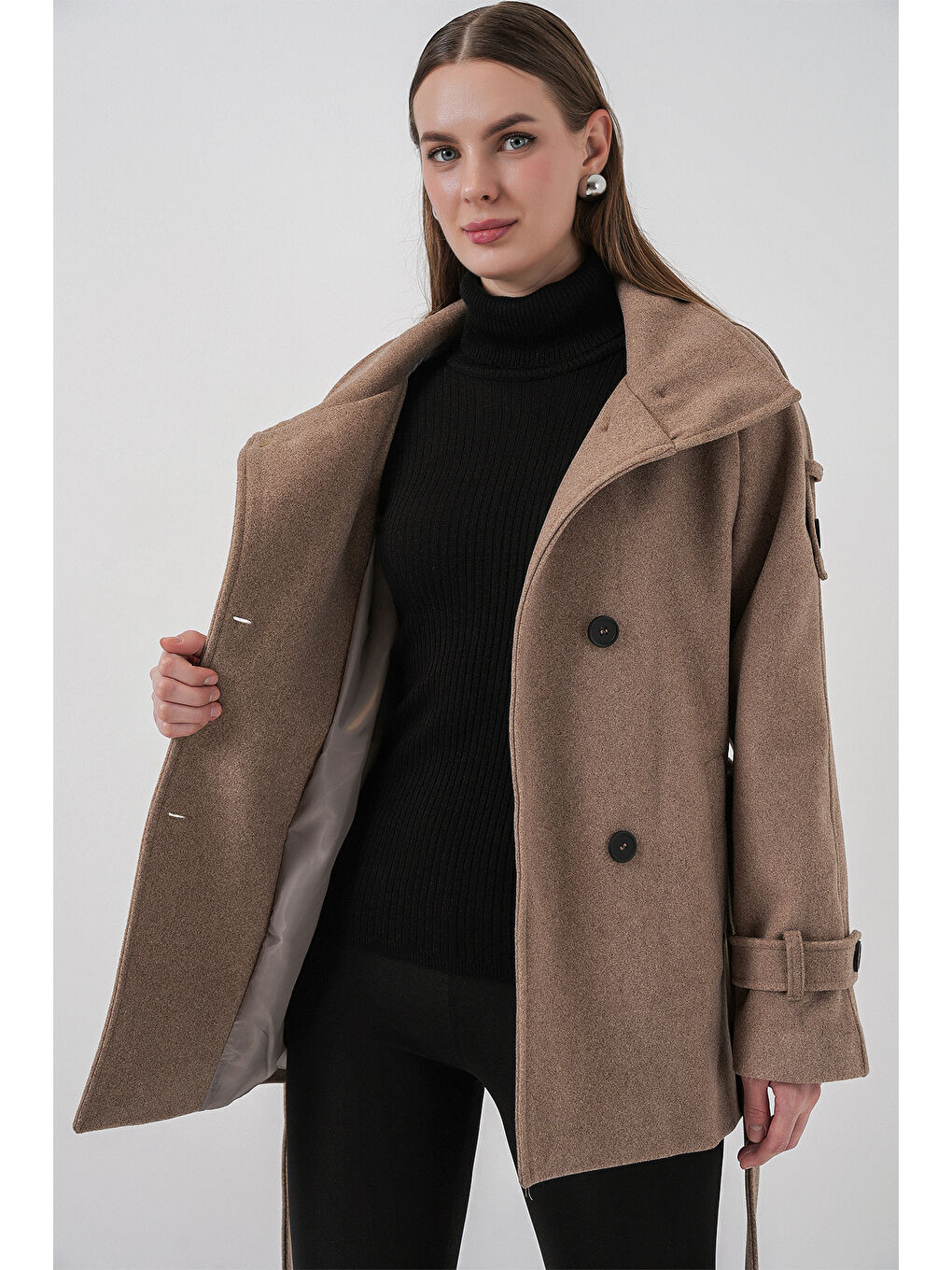 Bej Kadın Kuşaklı Kaşe Kaban 9162 - Taş-3