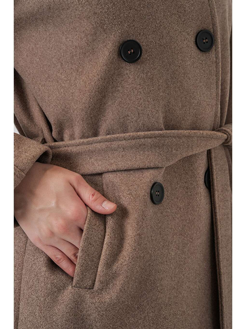 Bej Kadın Kuşaklı Kaşe Kaban 9162 - Taş-4