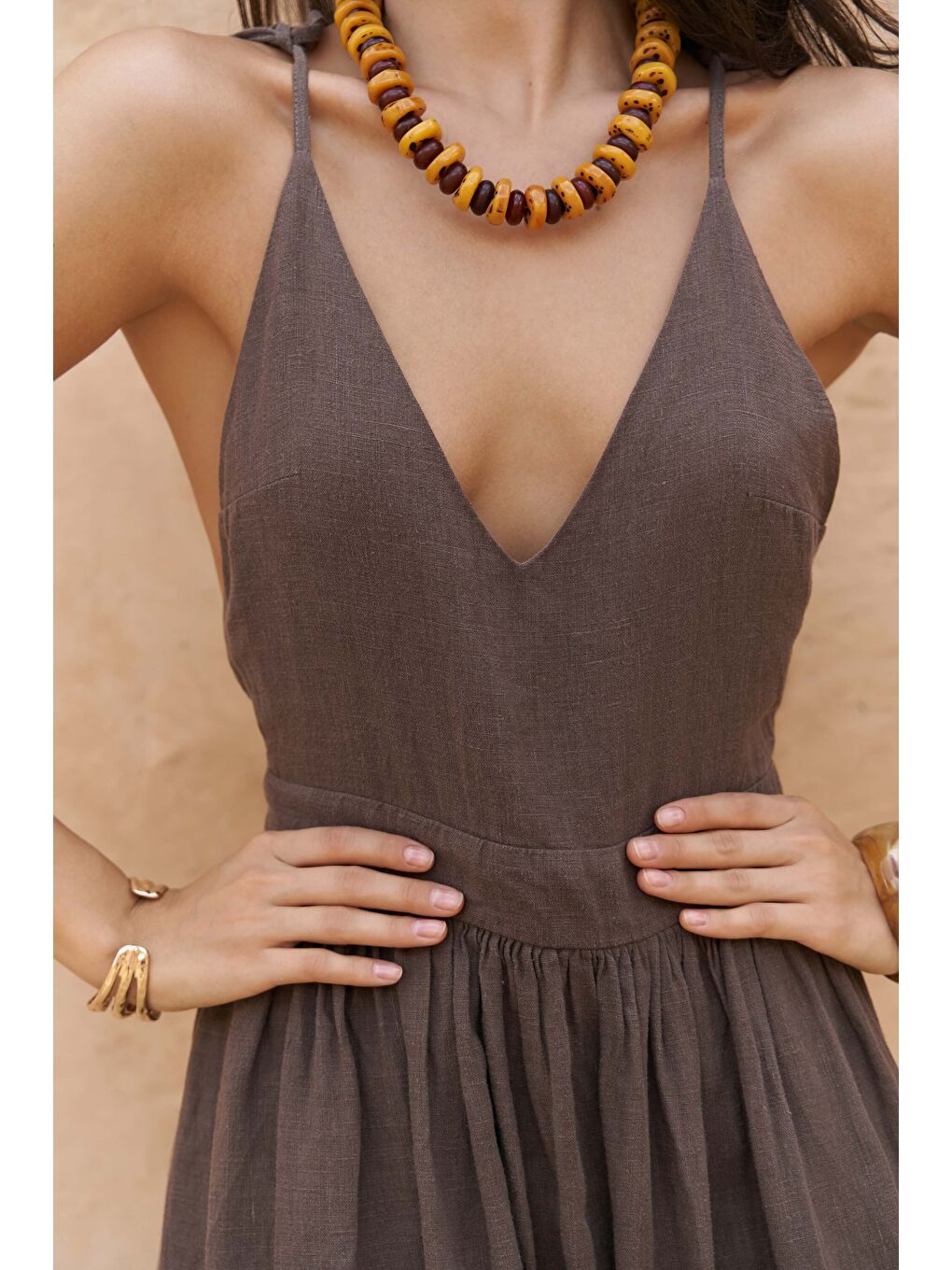 Kahverengi Eara Askılı Soft Kahve Uzun Keten Elbise-6