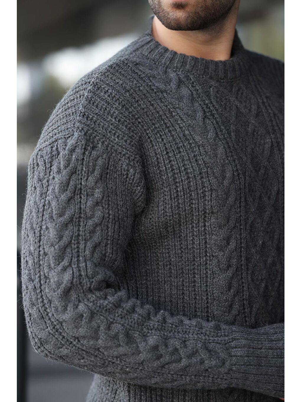 Antrasit Örgü Desenli Triko Erkek Kazak E7425-2