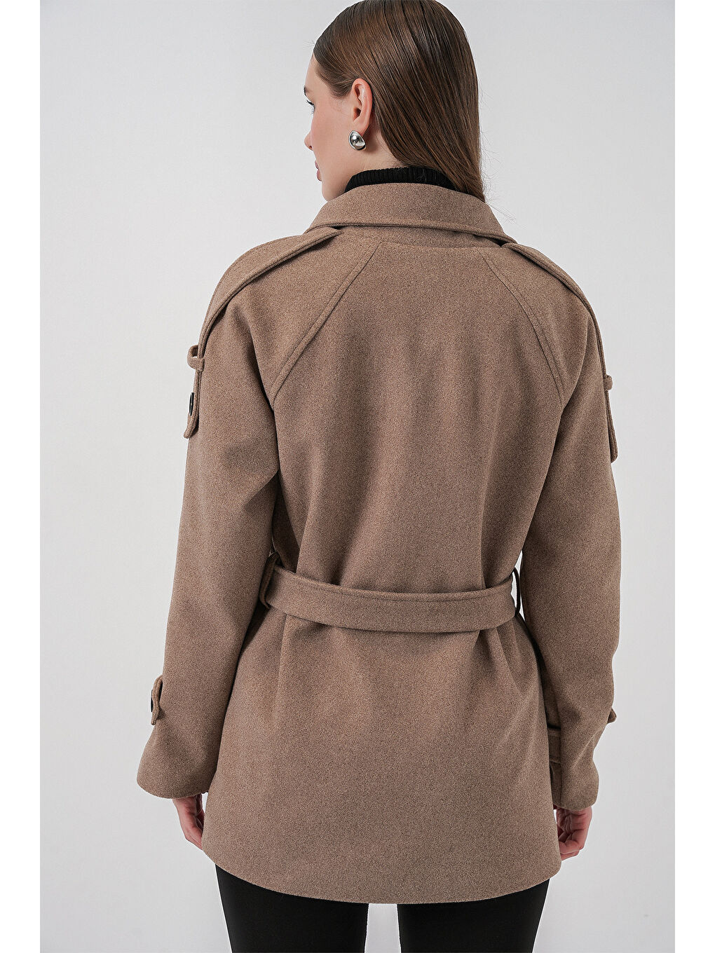 Bej Kadın Kuşaklı Kaşe Kaban 9162 - Taş-5