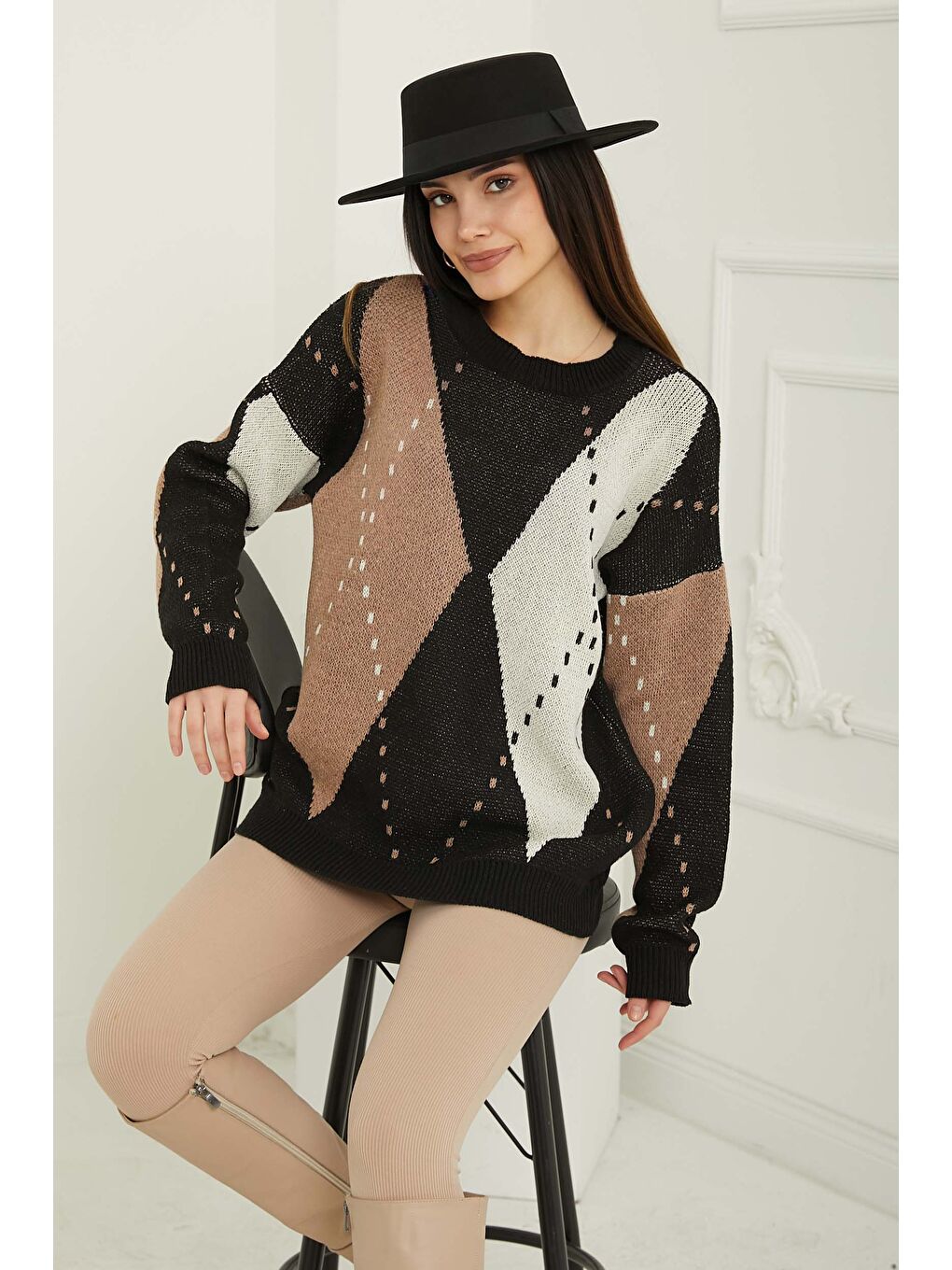 Ekru Baklava Desen Triko Kazak Krem Siyah - 27671-2