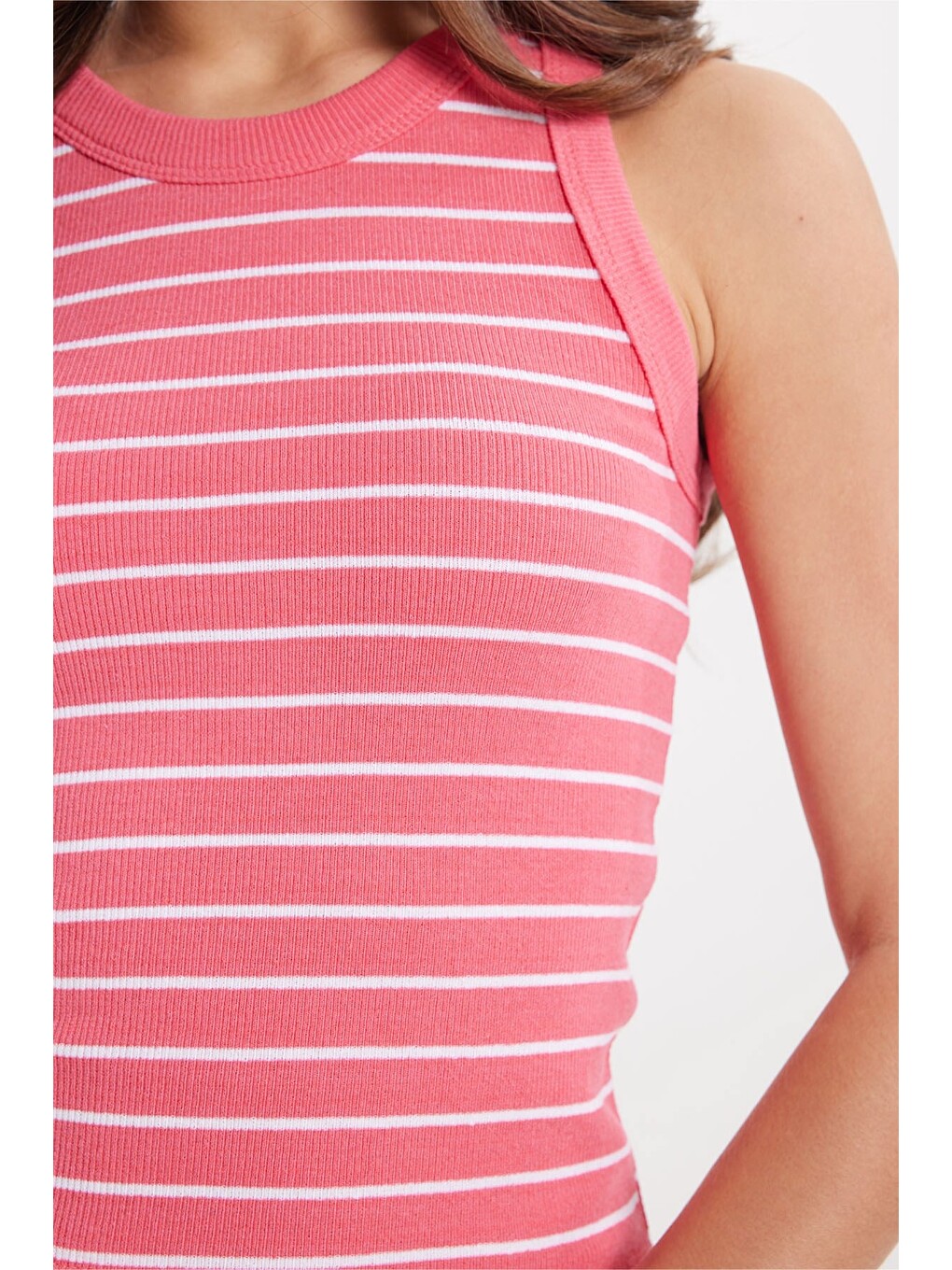 Kadın Slim Fit Dar Kesim Pamuklu Askılı Bisiklet Yaka Çizgili Pembe Crop Atlet-4