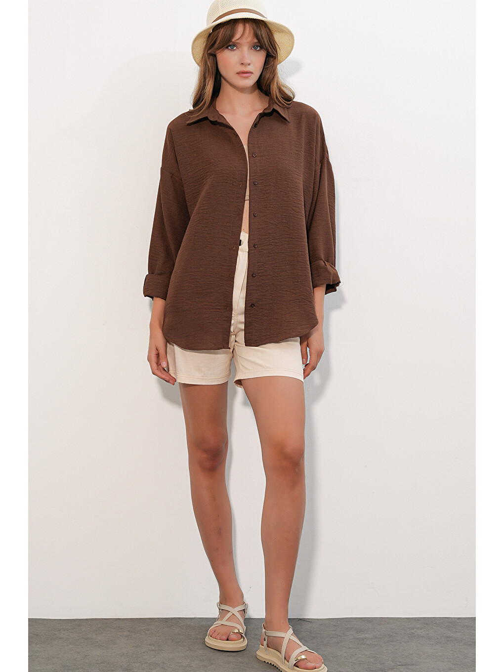 Kadın Oversize Keten Gömlek 20338 - Kahverengi-1