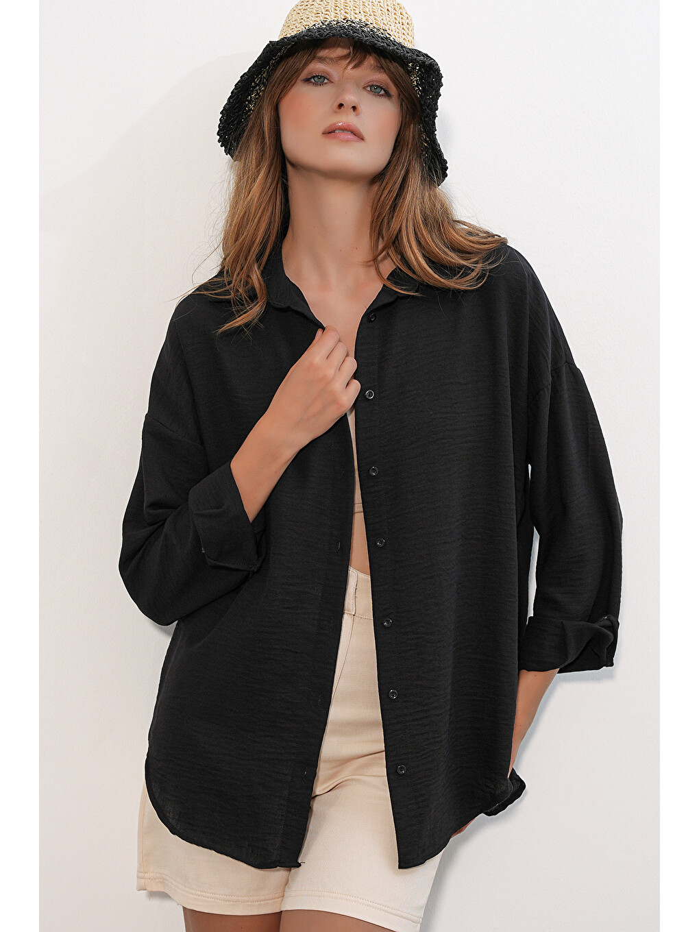 Kadın Oversize Keten Gömlek 20338 - Siyah