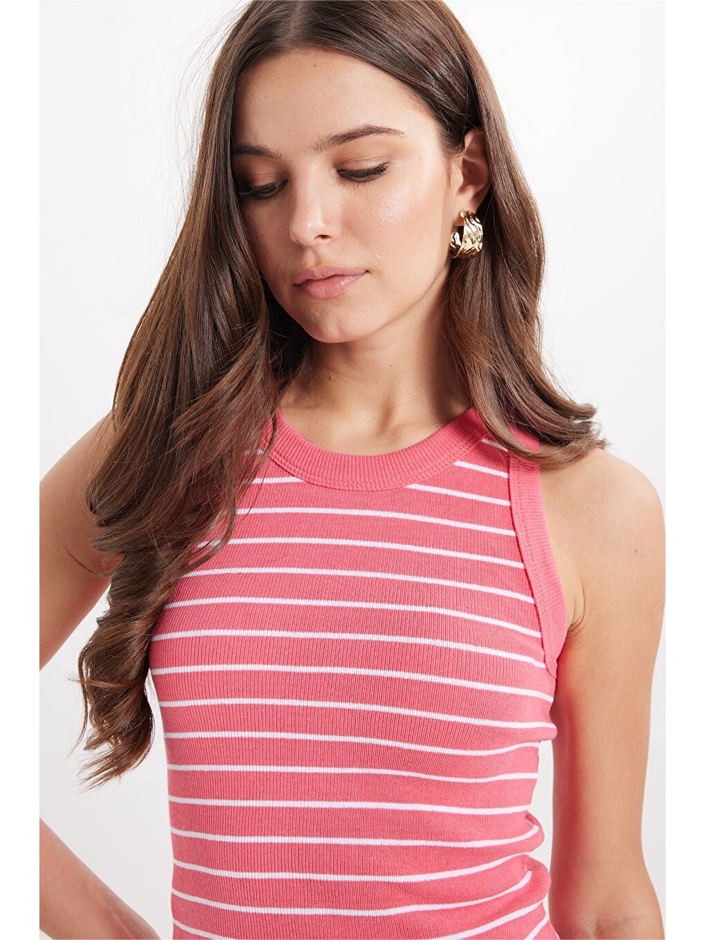 Kadın Slim Fit Dar Kesim Pamuklu Askılı Bisiklet Yaka Çizgili Pembe Crop Atlet-6