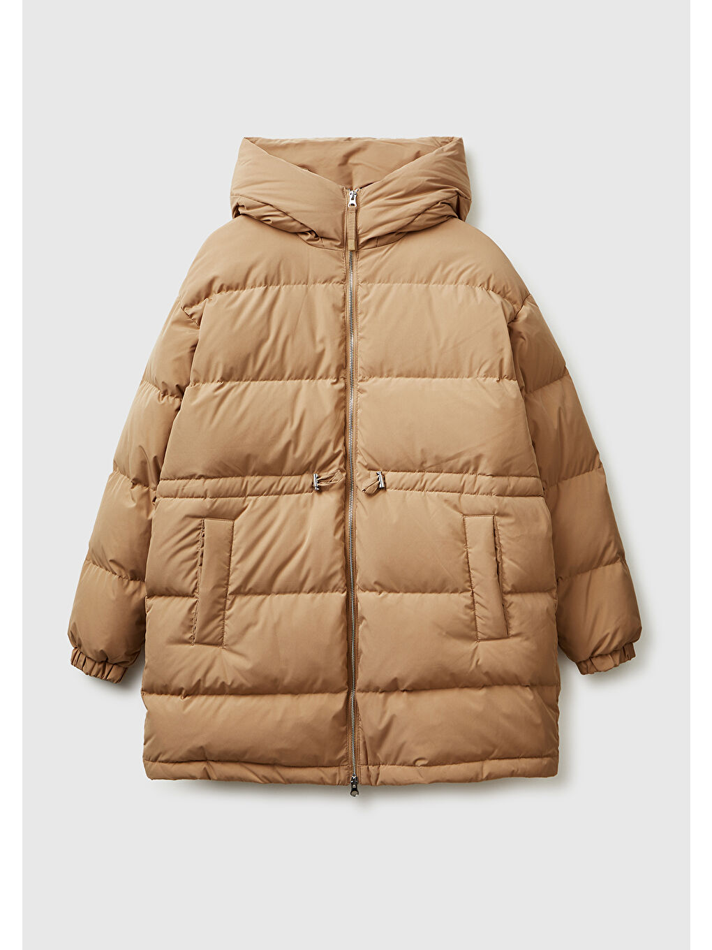Kadın Açık Kahverengi Kuş Tüyü Beli Bağcıklı Kapüşonlu Uzun Şişme Mont-1