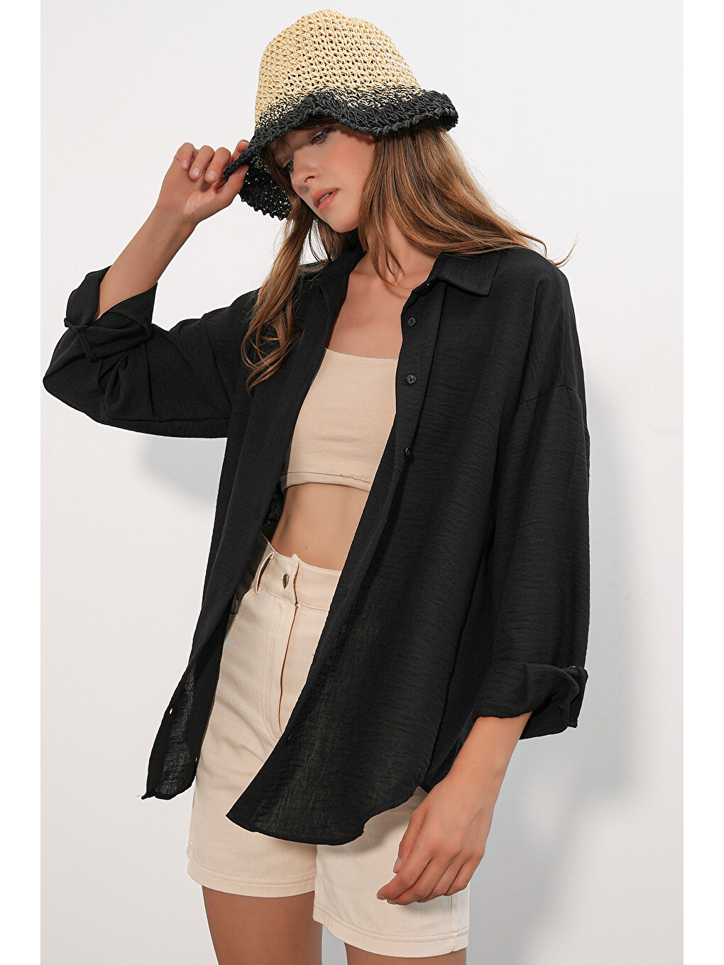Kadın Oversize Keten Gömlek 20338 - Siyah-2