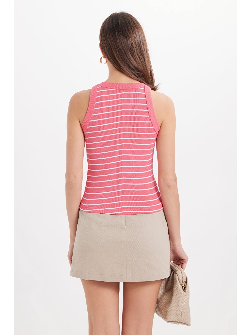 Kadın Slim Fit Dar Kesim Pamuklu Askılı Bisiklet Yaka Çizgili Pembe Crop Atlet-7