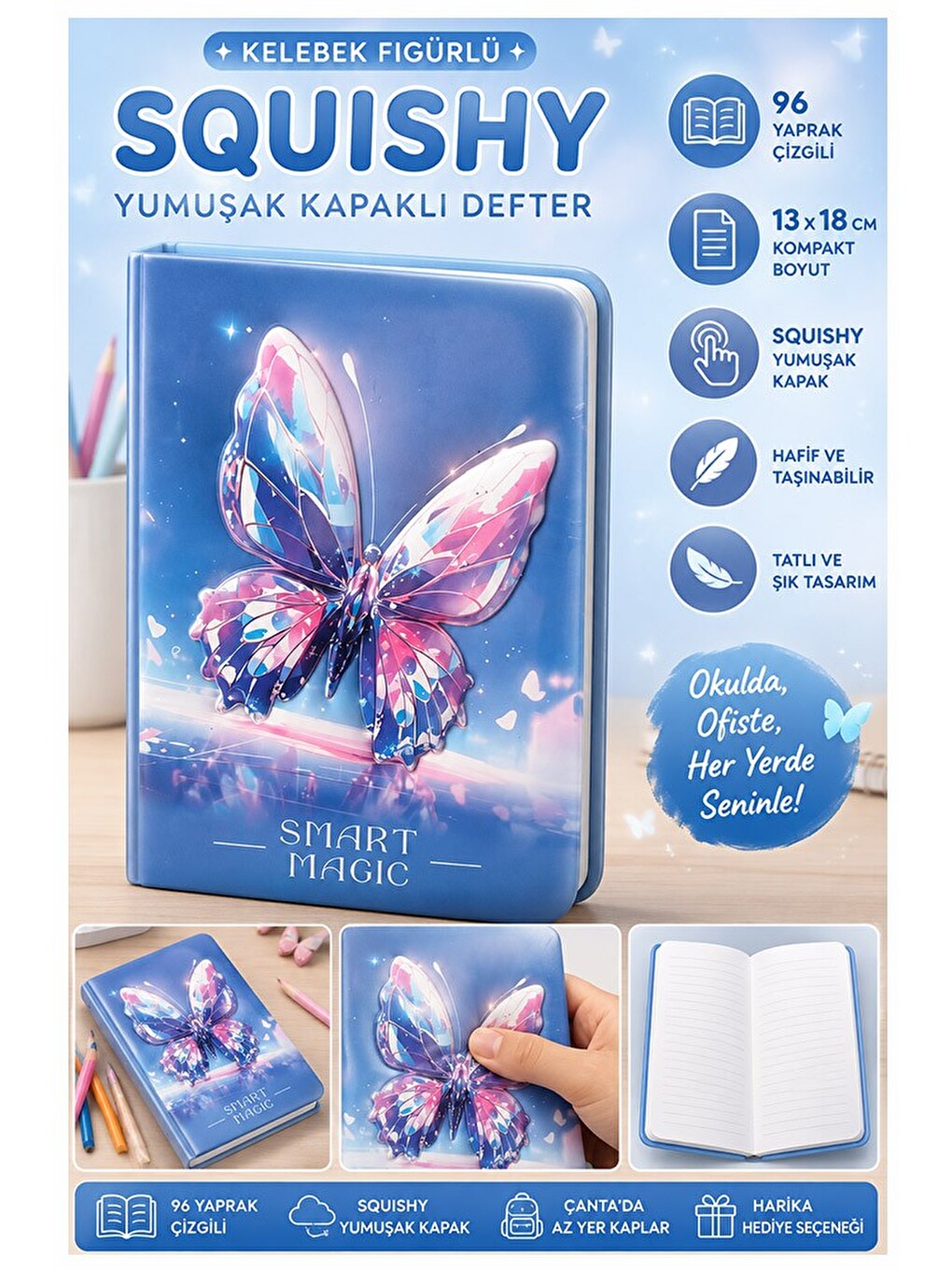 Kelebek Squıshy Yumuşak Kapaklı Defter 96 Yaprak 13x18cm 1 Adet Sukuşi Çizgili Defter