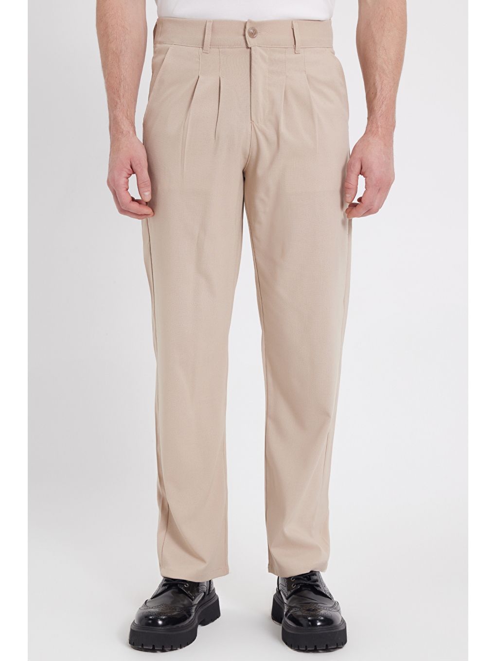 Bej Erkek Regular Fit Klasik Kesim Normal Bel Geniş Paça Taş Pantolon
