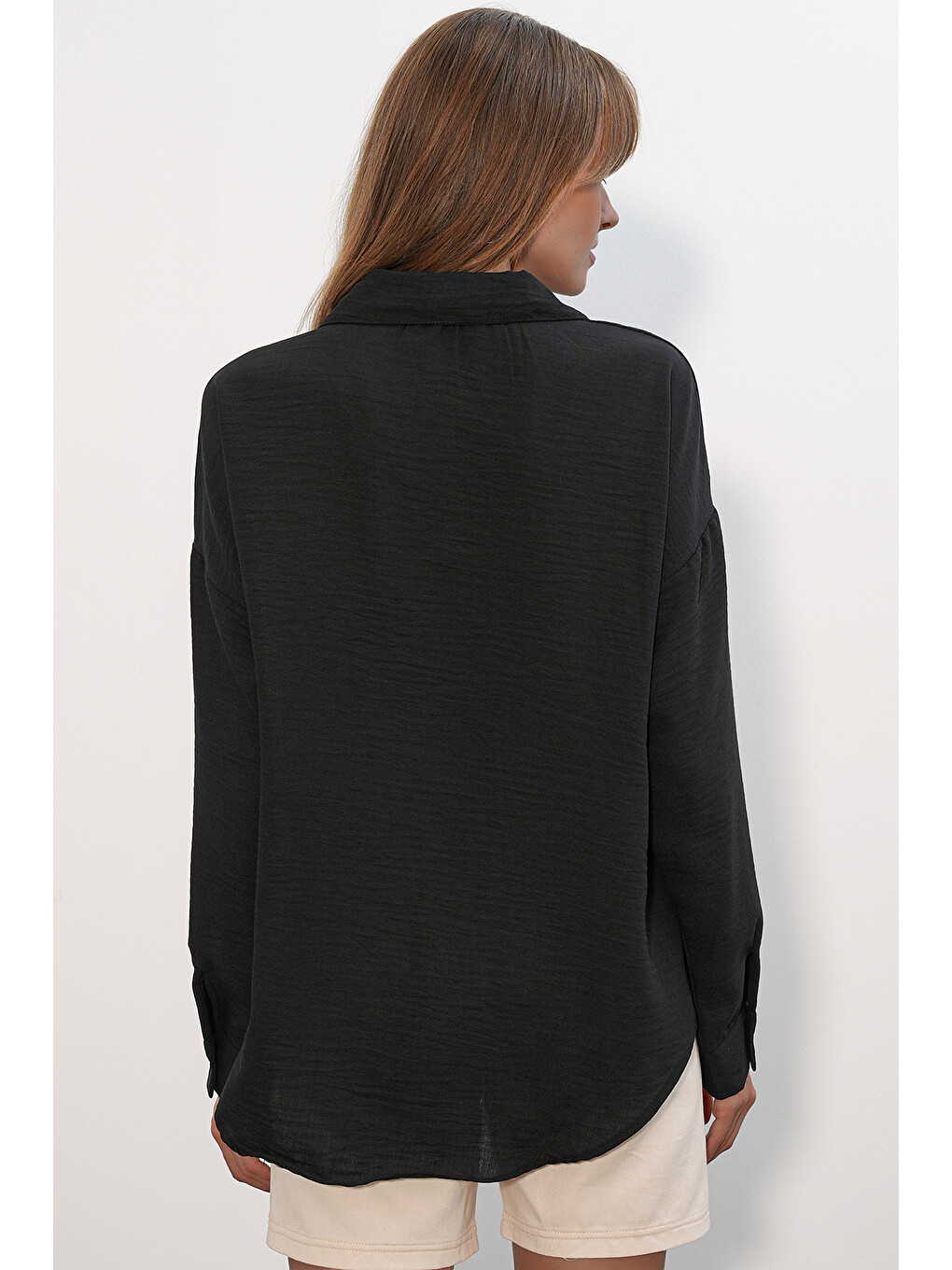 Kadın Oversize Keten Gömlek 20338 - Siyah-4