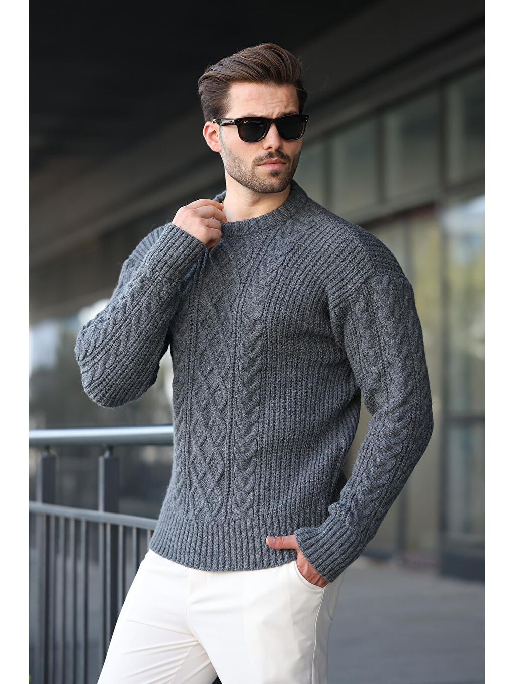 Antrasit Örgü Desenli Triko Erkek Kazak E7425-3