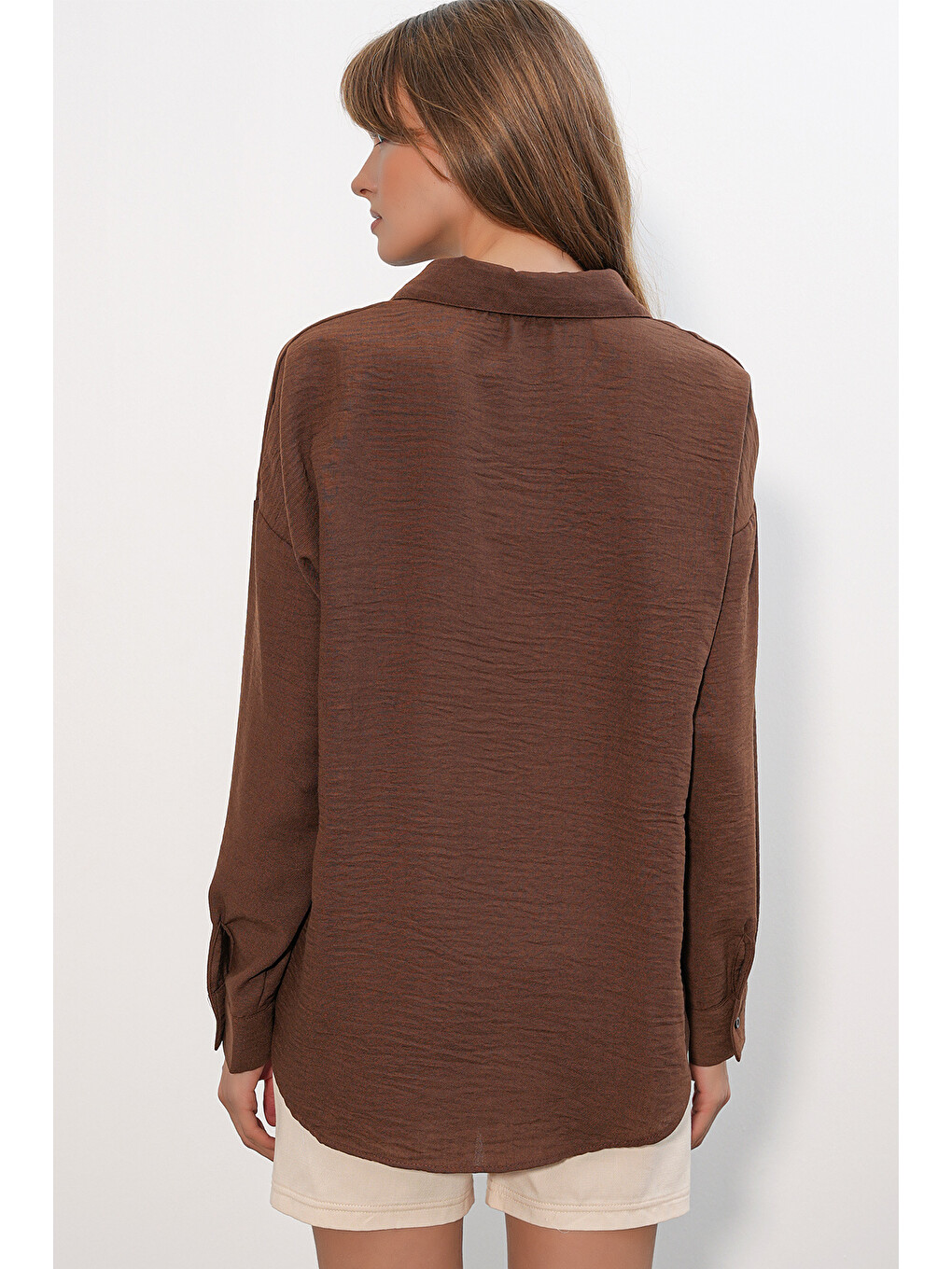 Kadın Oversize Keten Gömlek 20338 - Kahverengi-4