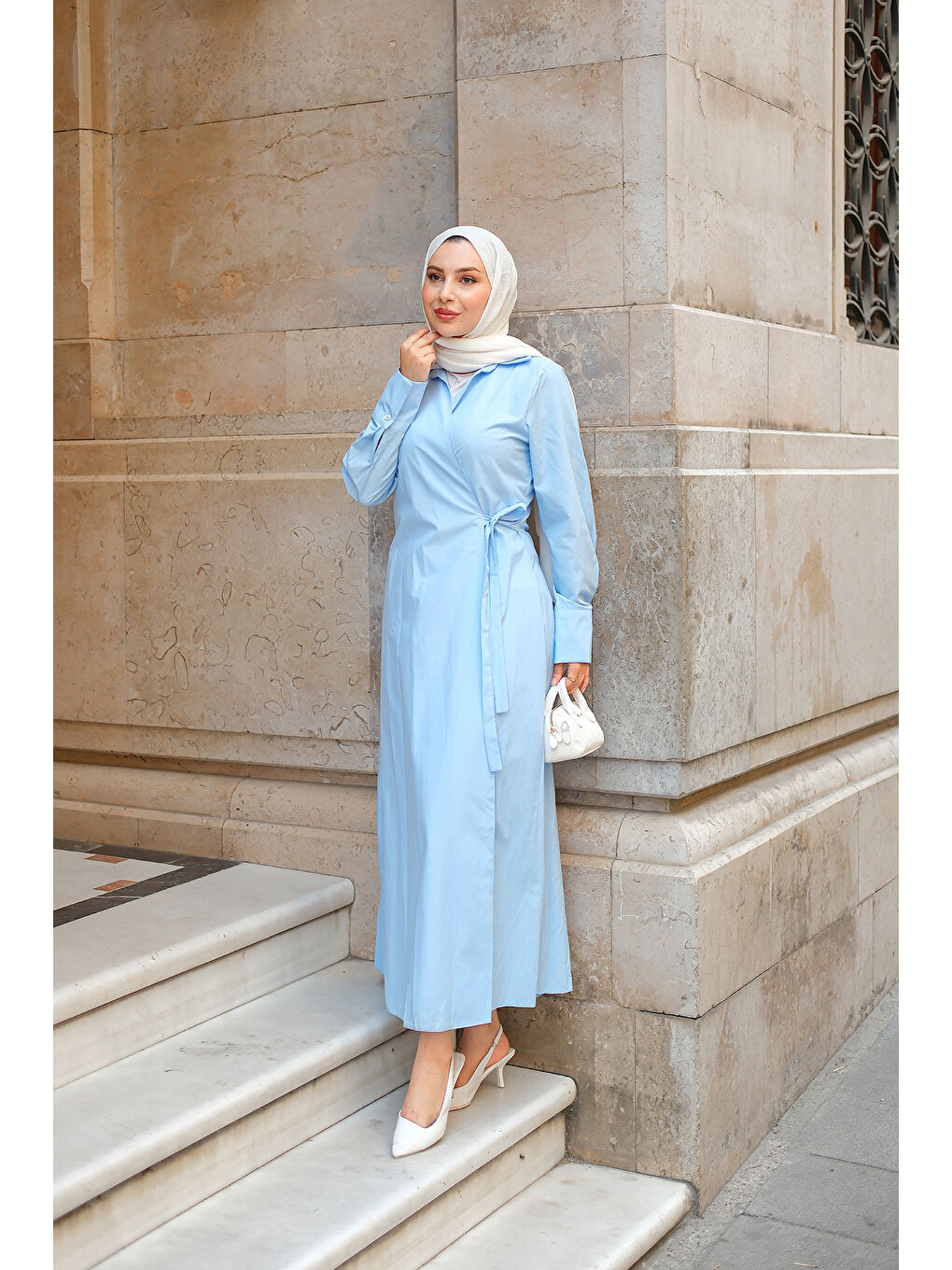 Kadın Poplin Yan Bağlamalı Elbise Bebe Mavi
