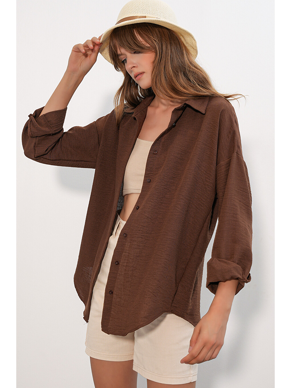 Kadın Oversize Keten Gömlek 20338 - Kahverengi-5