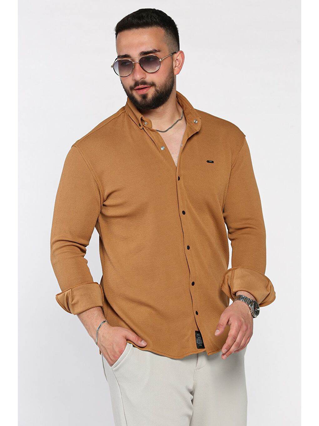 Kahverengi Erkek Uzun Kol Elastanlı Gömlek-1