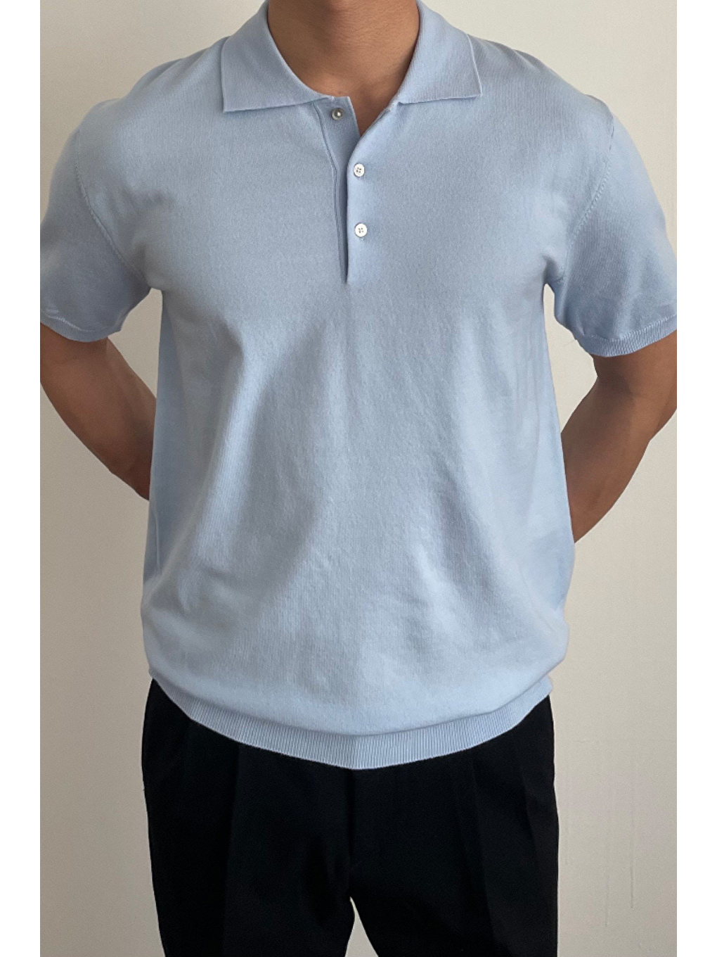 Erkek Mavi Düğmeli Regular Fit Triko T-Shirt-1