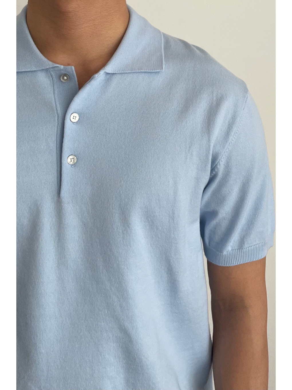 Erkek Mavi Düğmeli Regular Fit Triko T-Shirt-2