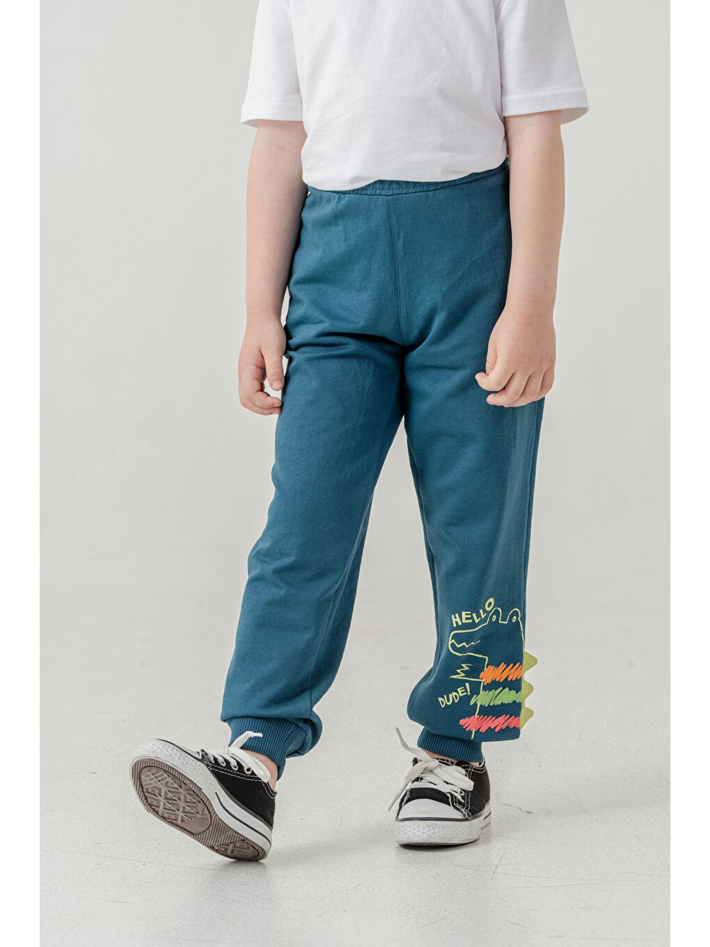 Yeşil Sol Alt Paça Baskılı Lazer Kesim Paça Ribalı Erkek Çocuk Eşofman Alt-5