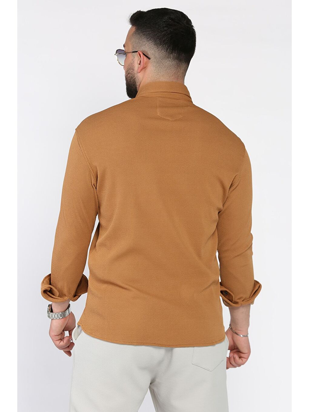 Kahverengi Erkek Uzun Kol Elastanlı Gömlek-2