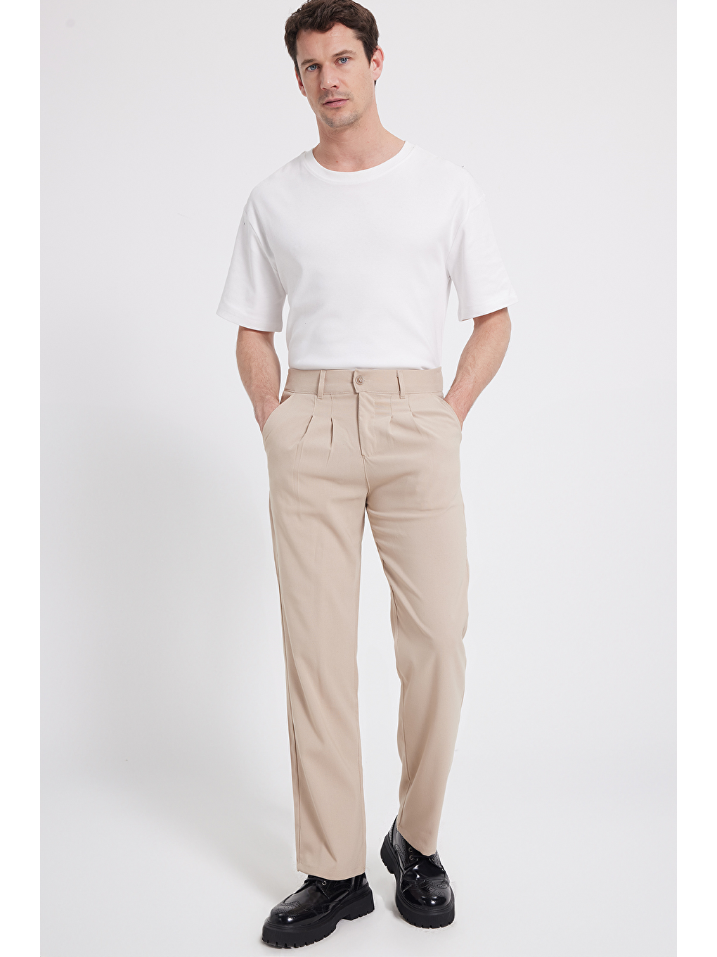 Bej Erkek Regular Fit Klasik Kesim Normal Bel Geniş Paça Taş Pantolon-1