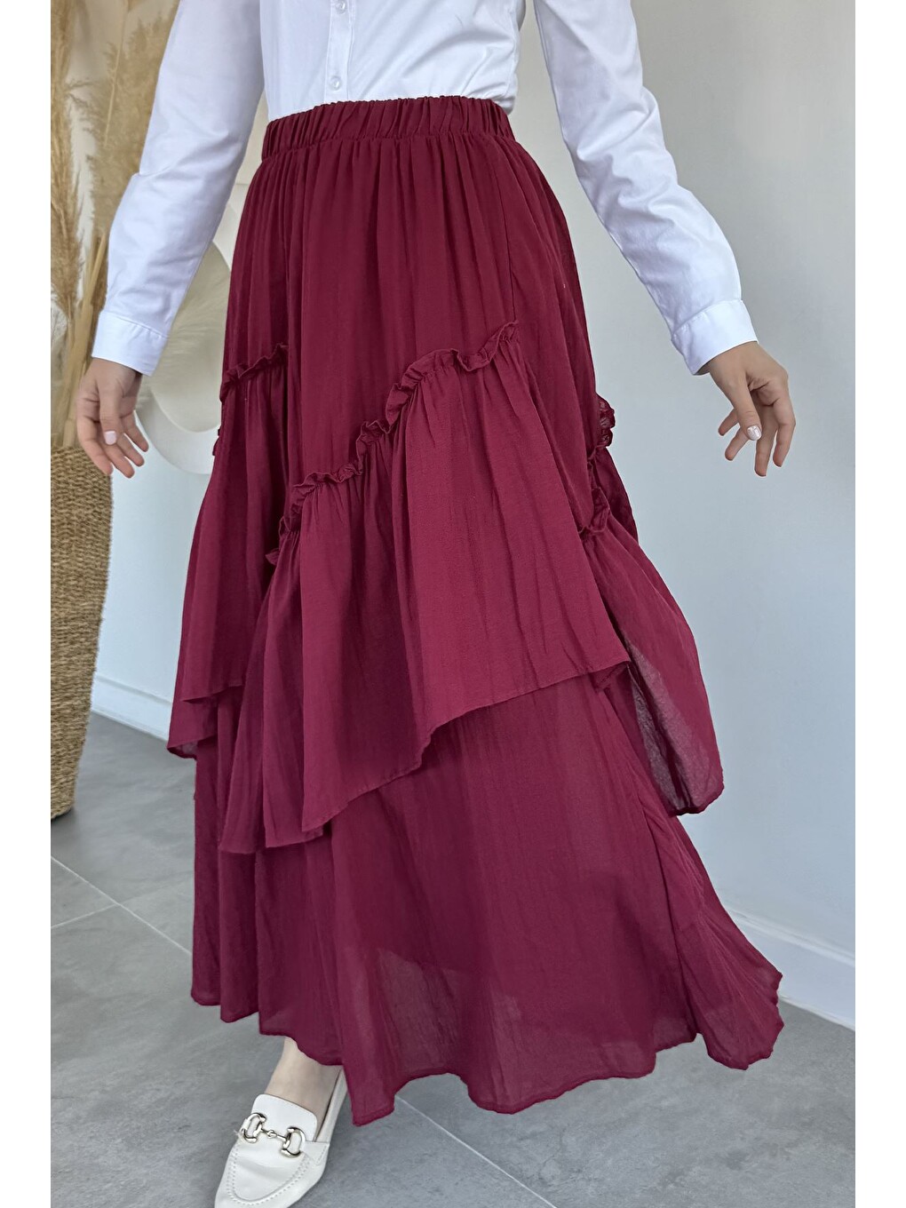 Bordo Bel Lastikli İç Astarlı Vual Tesettür Etek-1