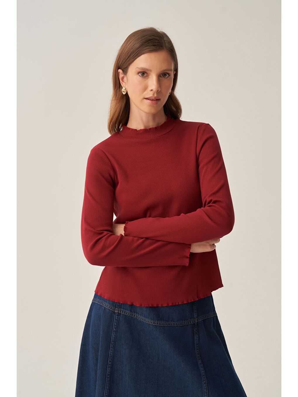 Bordo-Dik Yaka Uzun Kollu Body-3