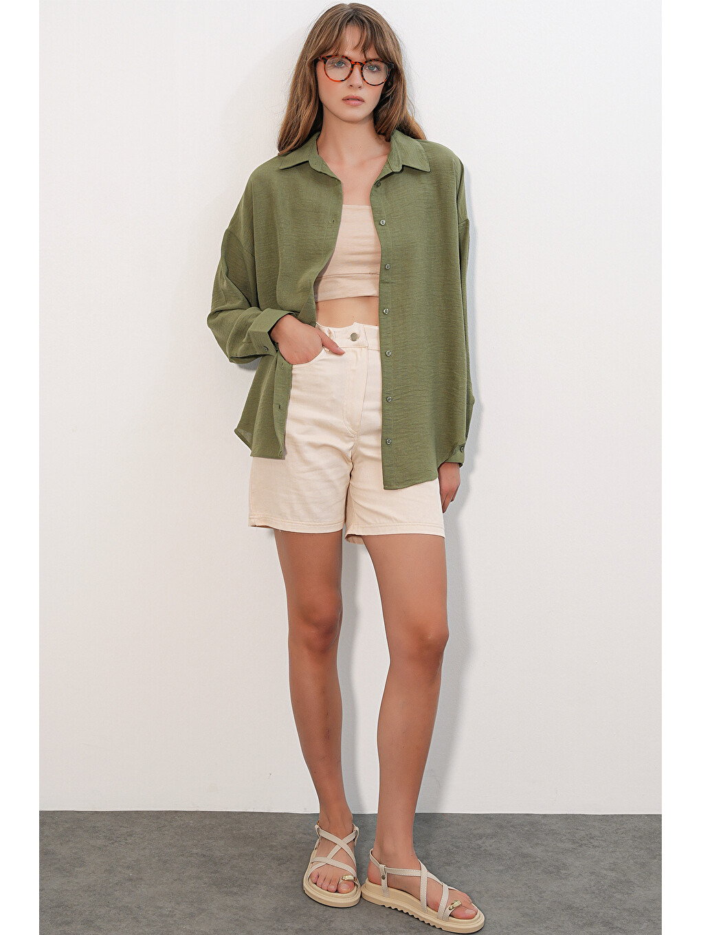 Kadın Oversize Keten Gömlek 20338 - Haki-1