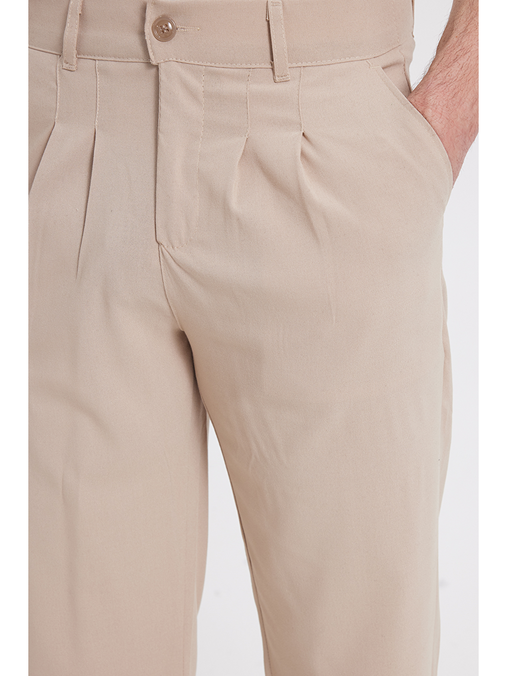 Bej Erkek Regular Fit Klasik Kesim Normal Bel Geniş Paça Taş Pantolon-2