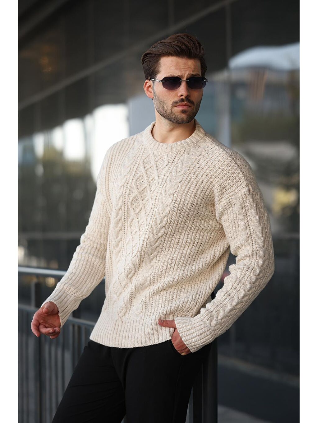 Ekru Örgü Desenli Triko Erkek Kazak E7425-1