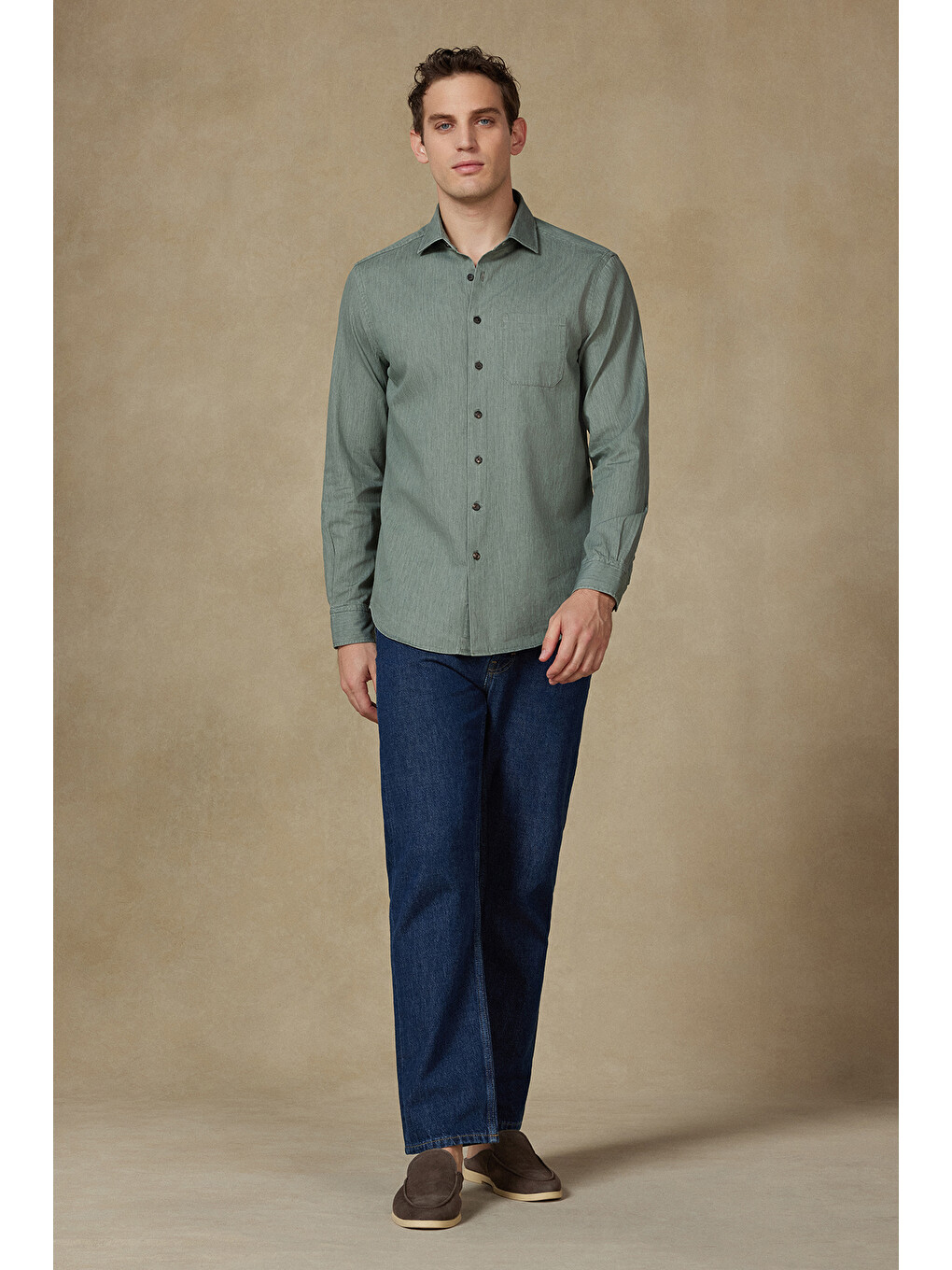 Santo Twill Pamuklu Comfort Fit Yeşil Düğmeli Yaka Erkek Düz Gömlek-2