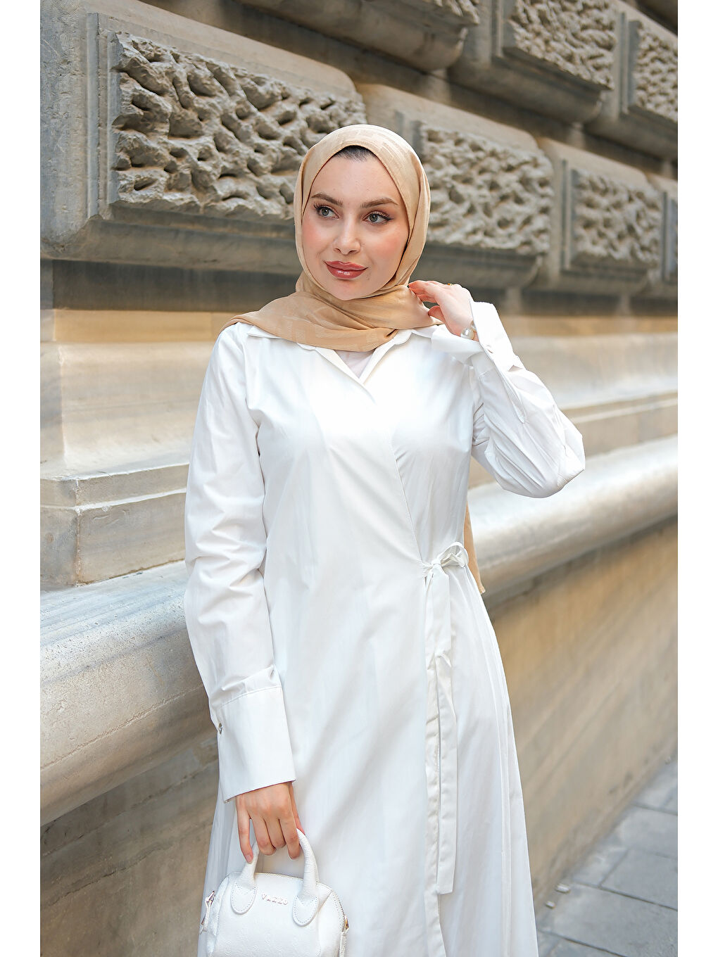 Kadın Poplin Yan Bağlamalı Elbise Beyaz-1