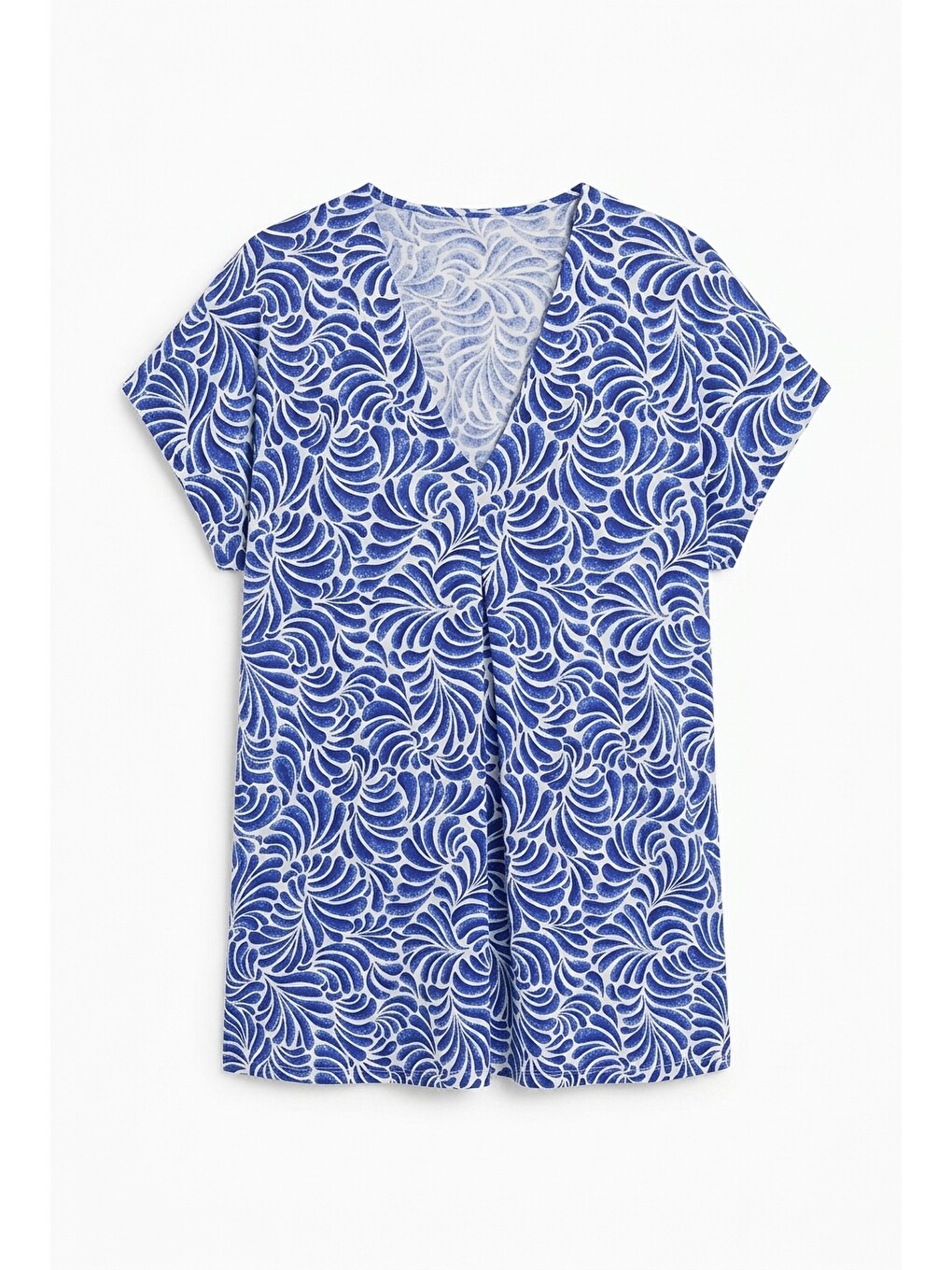 Mavi V Yaka Pileli Baskılı T-shirt-4