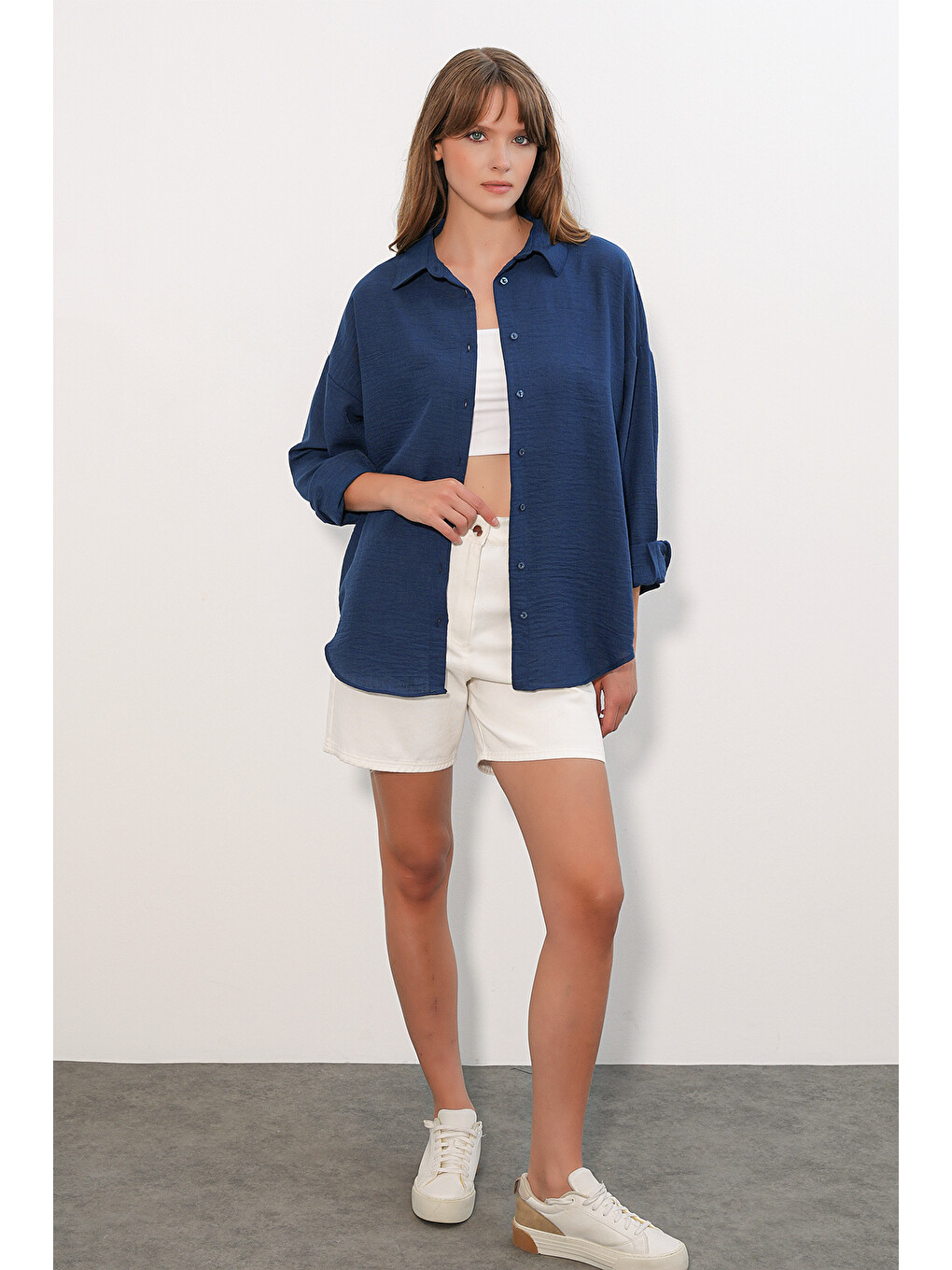 Kadın Oversize Keten Gömlek 20338 - Lacivert-1