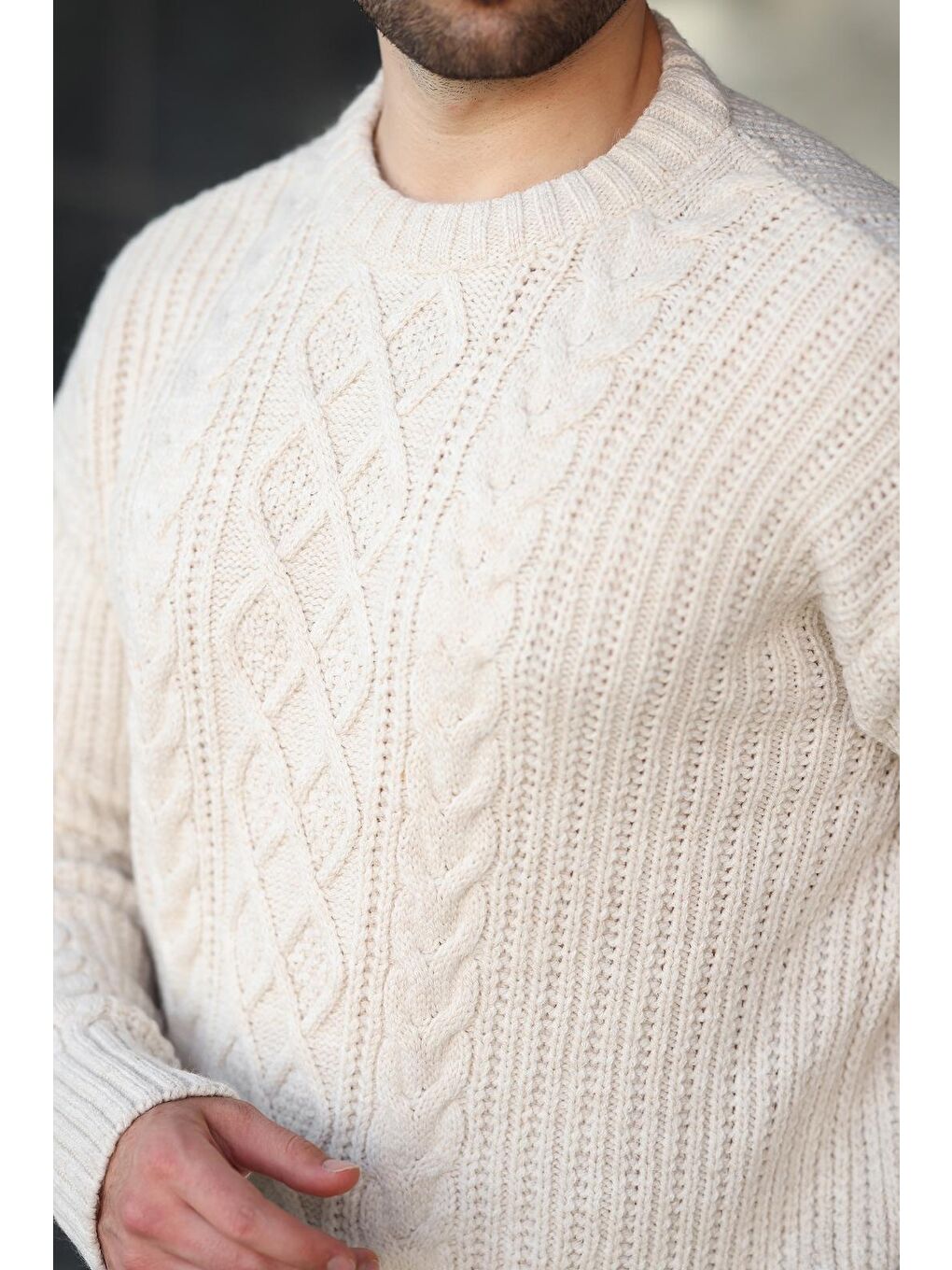 Ekru Örgü Desenli Triko Erkek Kazak E7425-2