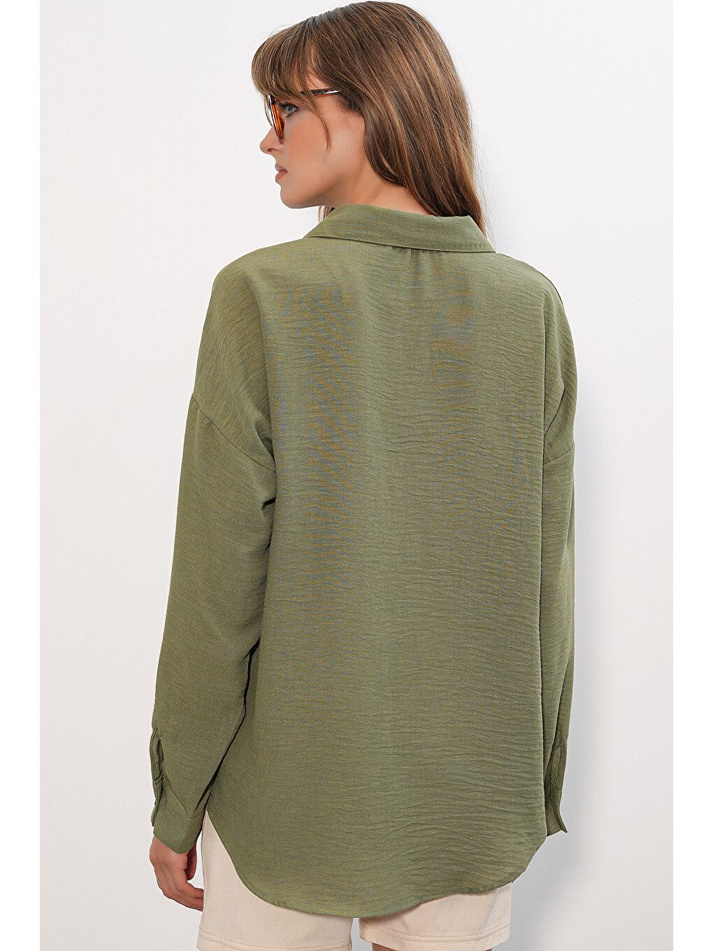 Kadın Oversize Keten Gömlek 20338 - Haki-5
