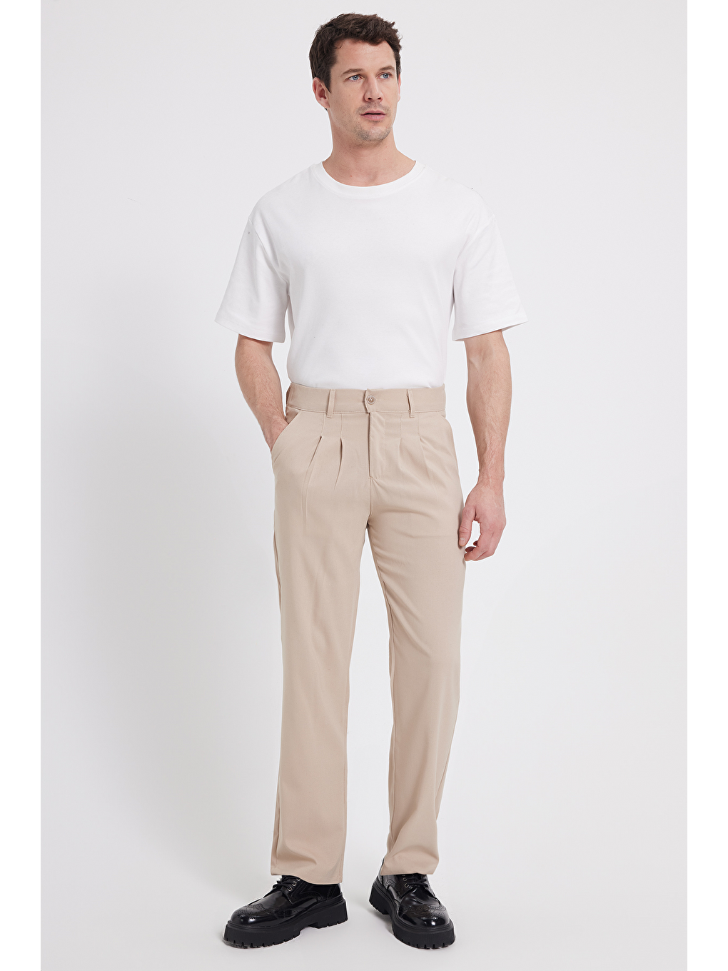 Bej Erkek Regular Fit Klasik Kesim Normal Bel Geniş Paça Taş Pantolon-3