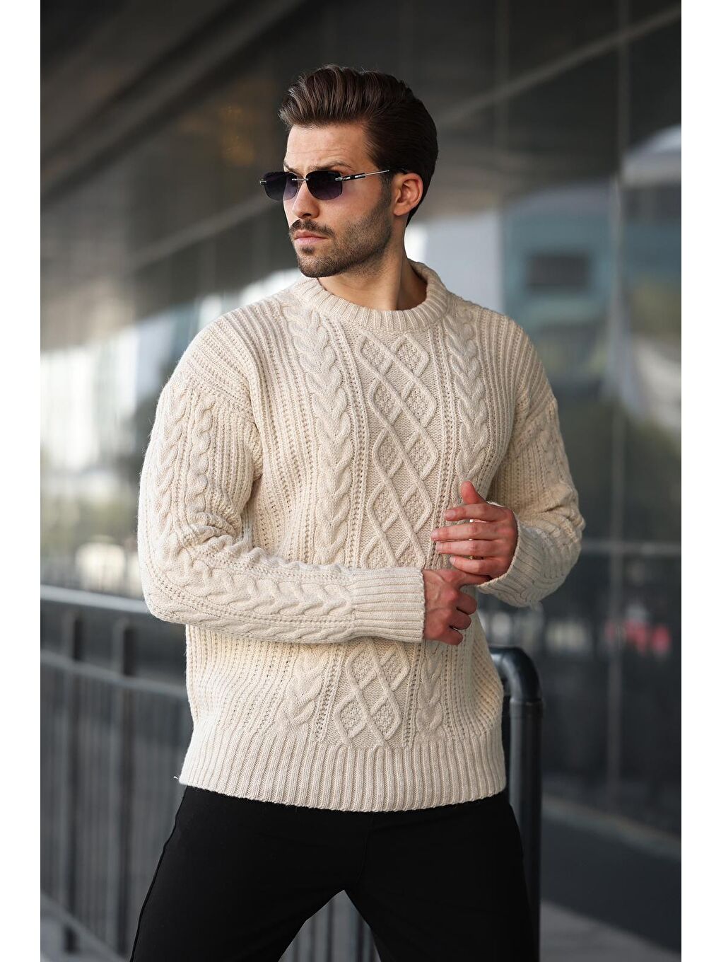 Ekru Örgü Desenli Triko Erkek Kazak E7425-3