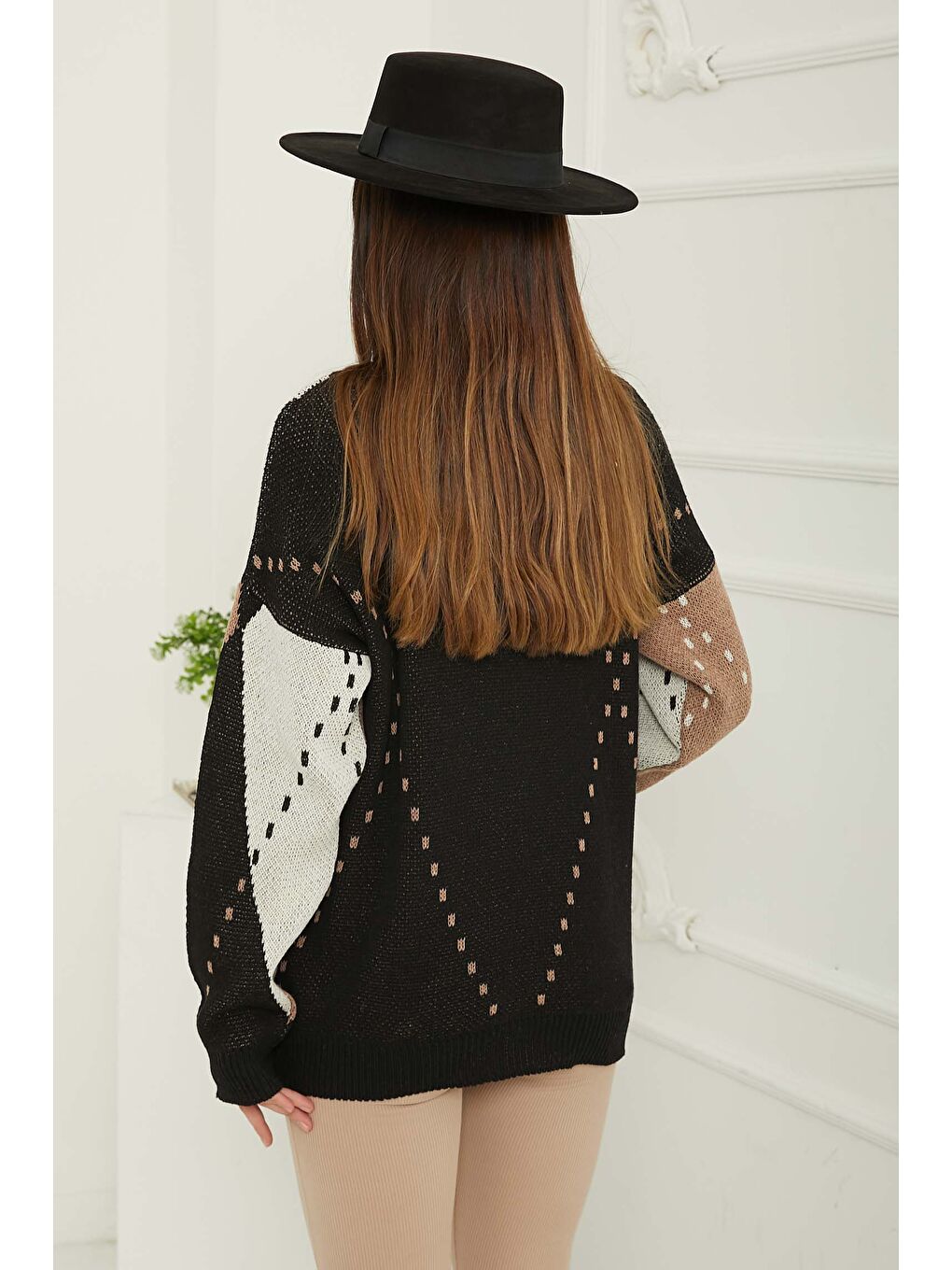 Ekru Baklava Desen Triko Kazak Krem Siyah - 27671-5