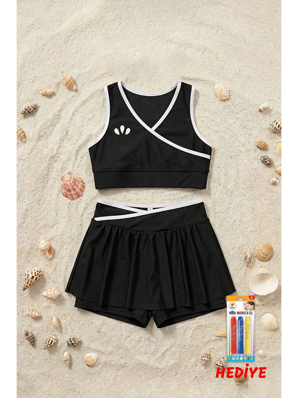 Beyaz Kız Çocuk Şortlu Biyeli Siyah Renk Bikini Takımı-1